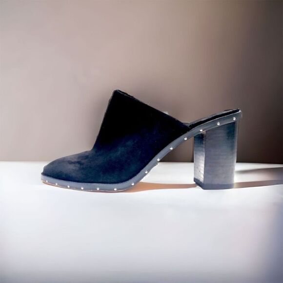 Rebecca Minkoff black suede studded leather block heel mule women’s size 7 - Picture 1 of 9